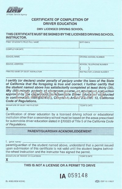 certificate of completion of driver education (dl 400c)